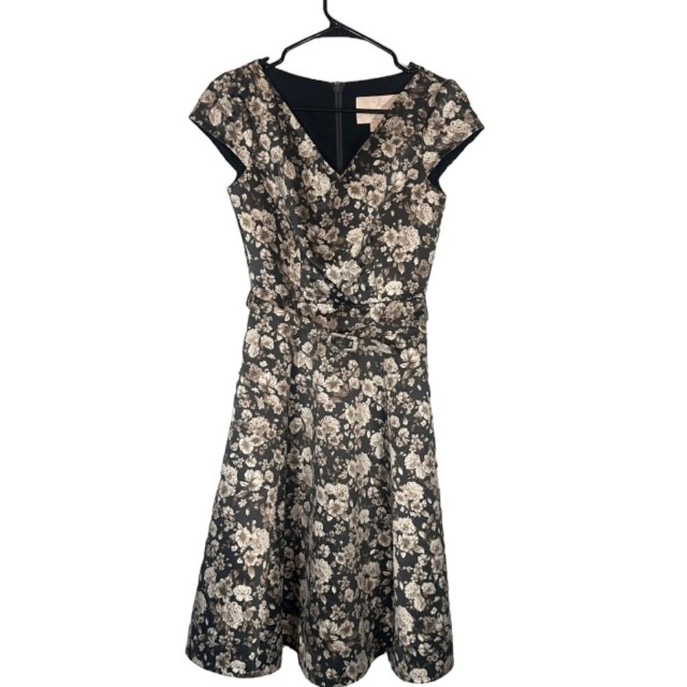 Gal Meets Glam Black Floral Short Cap Sleeve V-Neck Sheath Dress Women Sz 00